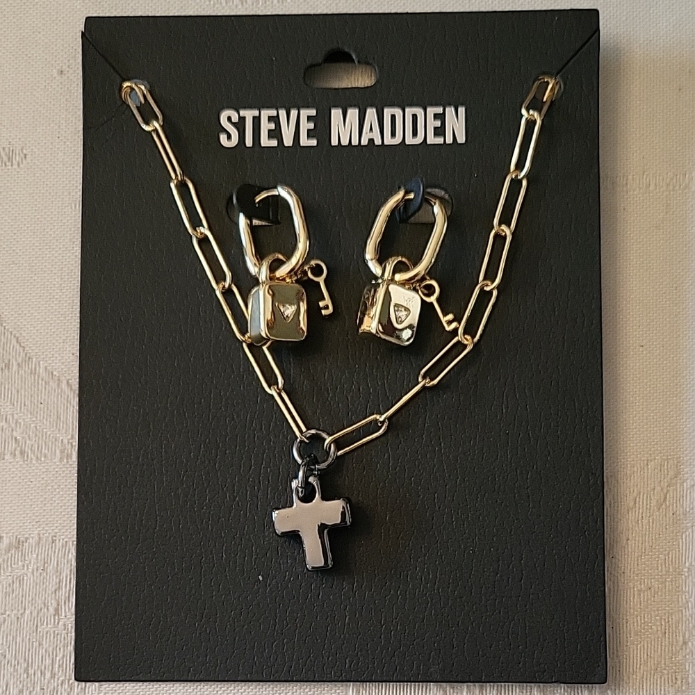 Steve Madden Gold-tone Chain Necklace, Pewter Cross Pendant & Gold-tone Earrings